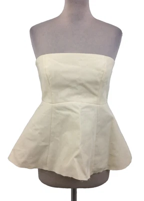 Mango Women's Top Size S Ecru Bandeau Flared Peplum Zip Raw Edge Hem New F1 - Image 1 of 4