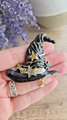 Witch Hat Brooch Black Enamel Multi Color Crystal Rhinestone Halloween Pin Witch - Image 1 of 4