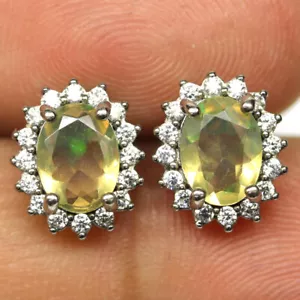 Orecchini In Opale Multicolore E Zircone In Argento Sterling 925 6 X 8 Mm - Foto 1 di 4
