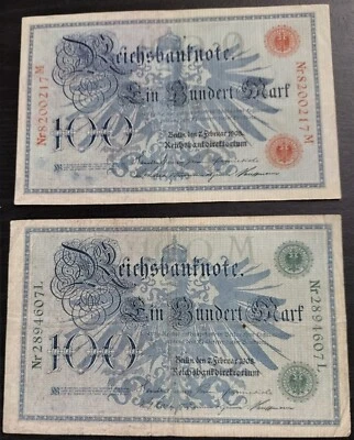 🔥2 Auténticos Billetes de 100 Marcos Alemania 1908 Conjunto de Sellos Rojos y Verdes Circulados🔥 Foto 1 de 2