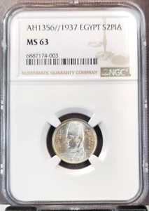 1937 EGYPT SILVER 2 PIASTRES FAROUK NGC MS 63 SCARCE NICE COIN - Picture 1 of 3