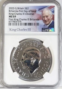 2023 2 pound first silver britannia with king charles III ngc ms69 fdoi KC label - Picture 1 of 2