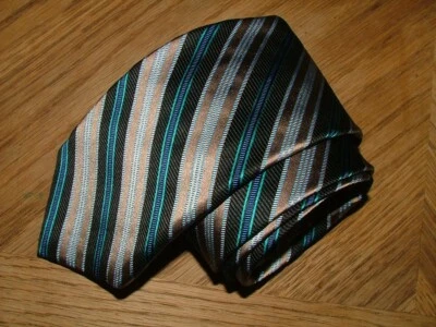 MENS XMI UMBRIA HAND MADE IN USA TIE 100% SILK HEAVY GOLD BLACK STRIPED #540 - Image 1 of 4