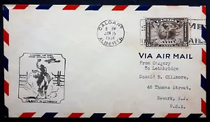 CANADA JAN. 15 1931 CALGARY TO LETHBRIDGE 1ST. FLIGHT COVER TIED BY #C2 CAT.$ - Picture 1 of 2