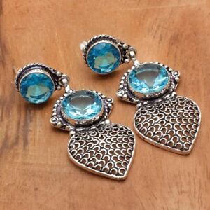 Blue Topaz Handmade Drop Dangle Earrings Jewelry 2.2" AE 18257