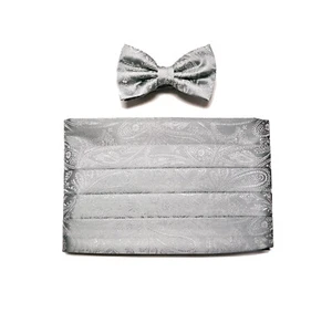 NUEVO en caja 100% poliéster paisleys cummerbund y pajarita conjunto boda formal plata - Imagen 1 de 5