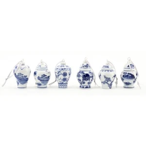 Blue White Oriental Ginger Jar Ornaments Set of 6 Porcelain 3" Hanging Ribbon - Picture 1 of 5
