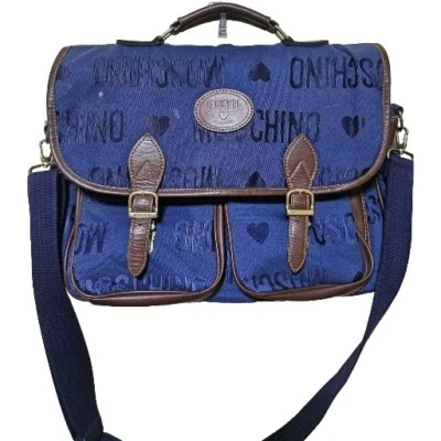 Bolso Mensajero Unisex Moschino Vintage Años 90 Azul Marino X Marrón  Foto 1 de 4