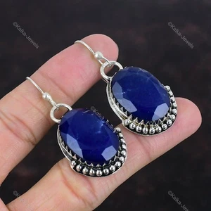 Natural Blue Saphire Gemstone Drop/Dangle Earrings 925 Sterling Silver Jewelry - Picture 1 of 6