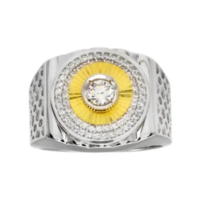 Uomo Argento Sterling Bicolore Cerchio Anello Design W/Zircone Cubico Pietre - Immagine 1 di 3