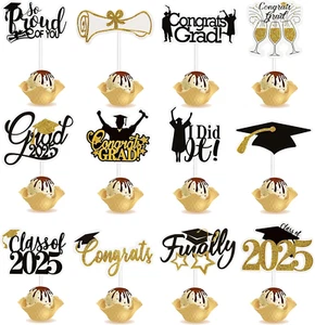 2025 Graduation Cupcake Toppers - 72 Pcs Black Gold Glitter Decor Set - Picture 1 of 8
