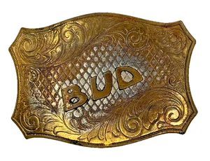 Vintage BUD Budweiser Solid Brass Belt Buckle Rectangle Rockabilly Gold - Picture 1 of 4