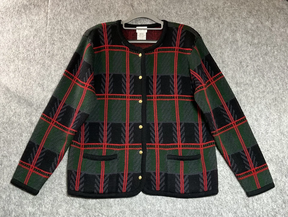 Suéter Vintage Mujer Mediano Negro Rojo Bolsillos a Cuadros Dorado Botón Cárdigan Retro Foto 1 de 4