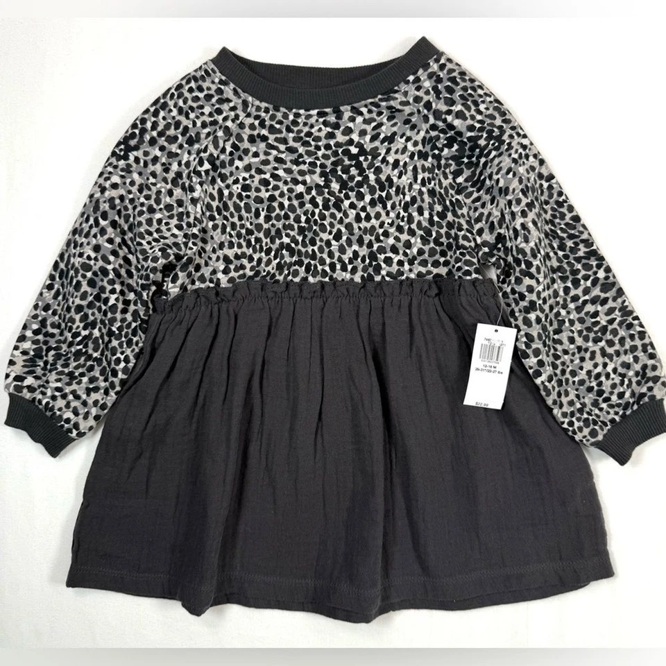 NUEVO CON ETIQUETAS OLD NAVY Vestido Bebé Niña Gris Estampado Animal Guepardo Manga Larga 12-18M NUEVO Foto 1 de 4