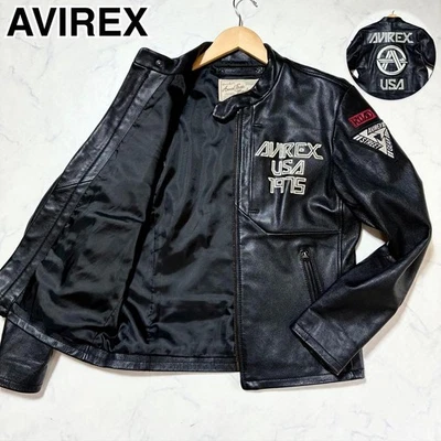AVIREX Single Riders Jacket logotipo grande cuero genuino negro M - Imagen 1 de 4