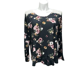 Justify Damen Plus 3X Top schwarz Blumen Langarm Spitzendetail Shirt - Bild 1 von 6