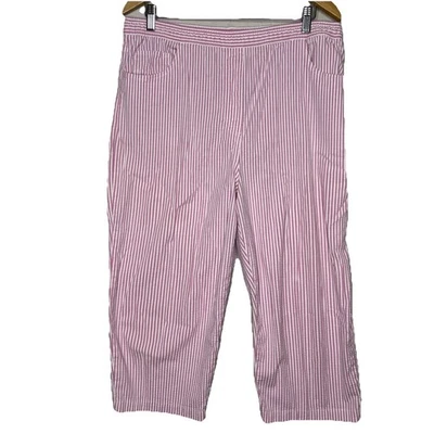 Quacker Factory Pants Large Pink Striped Cropped Capri Pockets Seer Sucker Beach - Image 1 of 4