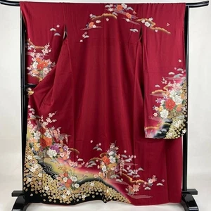 Woman Japanese Kimono Furisode Silk Flower Cart Gold Foil Dark Red 165.5cm - Picture 1 of 6