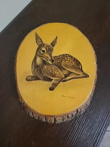 Losa de madera de ciervo cervatillo KZ1 firmada por Ruane Manning de colección esmaltada 11x9 naturaleza EE. UU. AÑOS 70 - Imagen 1 de 7