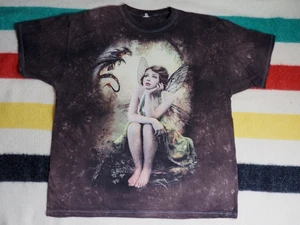 VTG Y2k 2000s The Mountain Fairy Dragon Brown Tie Dye Fantasy Tee T-Shirt XL - Picture 1 of 5