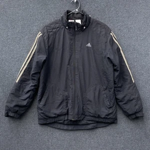 Adidas Mens Large Full Zip Padded Windbreaker Jacket Black Fleece Lined Pockets - Picture 1 of 17