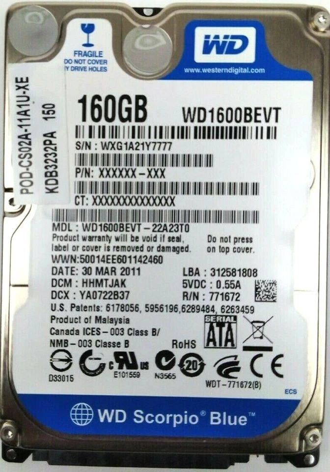 Western Digital WD1600BEVT Scorpio Blue Hard Drive 160GB 2.5" Sata 3Gb/s 7200Rpm - Image 1 of 4