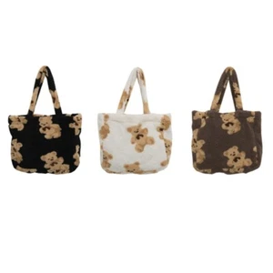 Canvas Tote Purse Lamb Like Fabric Shoulder Bag Bear Embroider Crossbody Handbag - Picture 1 of 10