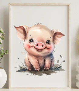 Impresión de arte de cerdo, impresión de arte de cerdo sonriente, decoración de arte de pared de granja, decoración del hogar - Imagen 1 de 2