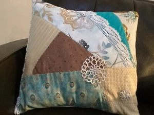 Custom Made Upcycled Earth Tone Crazy Quilt Style Pillow Cover 18” Sq - Handmade - Picture 1 of 7