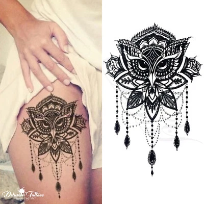 DELUSION TATTOOS Eule Mandala Temporäres Tattoo - Lotusblume Perlen Henna Tribal Schwarz Damen Kinder