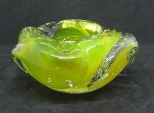 Voluptuous Heavy Clear Glass Bowl Interior of Bright Yellow Glass -Bubbles - Picture 1 of 7