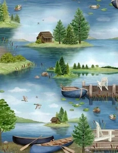 Tessuto di cotone FRONTE LAGO SCENICO di Wilmington stampe BTY - Foto 1 di 1