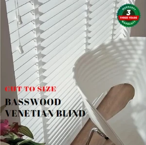 New 50mm Basswood Timber Venetian Blinds 240cm wide x 210cm drop- WHITE - Picture 1 of 7