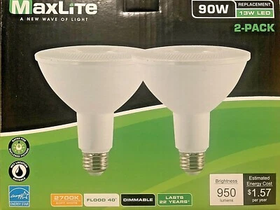 2 Bulbs Maxlite 90W 13W Dimmable PAR38 E26 Base Flood Light SOFTWHITE WET RATED - Image 1 of 4