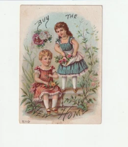 Victorian Trade Card Buy The New Home Sewing Machine 2 Girls Flowers Dresses - Picture 1 of 2