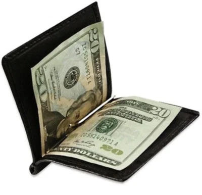 Black Genuine Cowhide Leather Men's Bifold Money Clip Minimalist Plain Wallet - Image 1 of 4