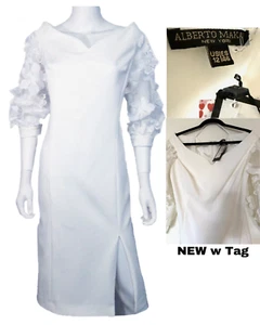 White Bridal Dress Elegant 3D Floral Sleeve Midi Fitted V Neck Engagement Gown - Picture 1 of 11