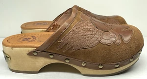 Lucky Brand Clogs Lilac Brown Suede Leather Y2K Peace Slip On Wood Mules Sz 6.5 - Picture 1 of 10