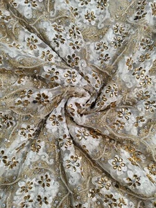 High Quality White Stone Beaded Net Lace George Fabric With Floral Design Lace - Picture 1 of 2