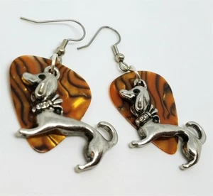 Dachshund with Crystal Collar Charm on Brown Swirled Guitar Pick Earrings - Picture 1 of 1