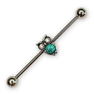 14g White Sparkle Cz Faux Turquoise Owl Bird Industrial Bar - Picture 1 of 3