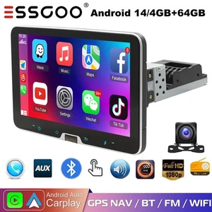 Rotatable Single DIN 10" Car Stereo Carplay Android 14 64G GPS NAV Radio Camera - Picture 1 of 16