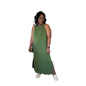 J Jill Dress Size L High Neck Sleeveless Maxi Stretch Slub Pockets Side Slits - Picture 1 of 8