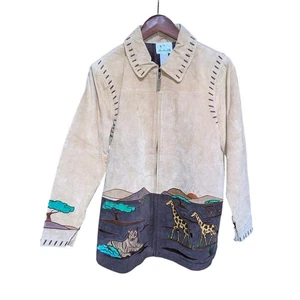 Vintage 80er Lederjacke Gr. S hellbraun Western Safari skurril Tier Patchwork  - Bild 1 von 8
