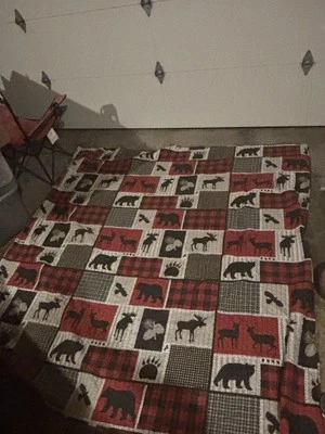 Queen Lodge Life 3pc Quilt Set Black Bear Paw Moose Deer Eagle Red Buffalo Check - Image 1 of 3
