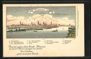 Lithographie Minden, Panorama mit Dom und Marien-Kirche - Bild 1 von 2