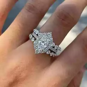 3Ct Oval-Cut VVS1 Moissanite Halo Trio Wedding Ring Set 14k White Gold Plated - Picture 1 of 4