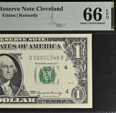 1969 $1 Federal Reserve Note - PMG 66EPQ - Birthday - Low Serial Number 00001546 - Image 1 of 3