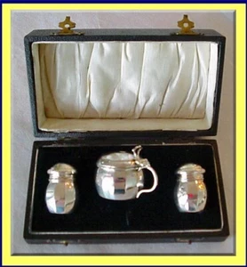 Antique Sterling Silver Condiment set salt pepper mustard blue glass liner (3302 - Picture 1 of 4