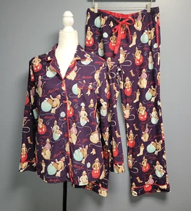 Nick & Nora Pajama Set Sock Monkey Knitting Yarn Flannel Women’s Medium - Picture 1 of 16